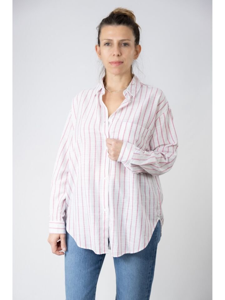 Pembe Çizgili Oversize Gömlek