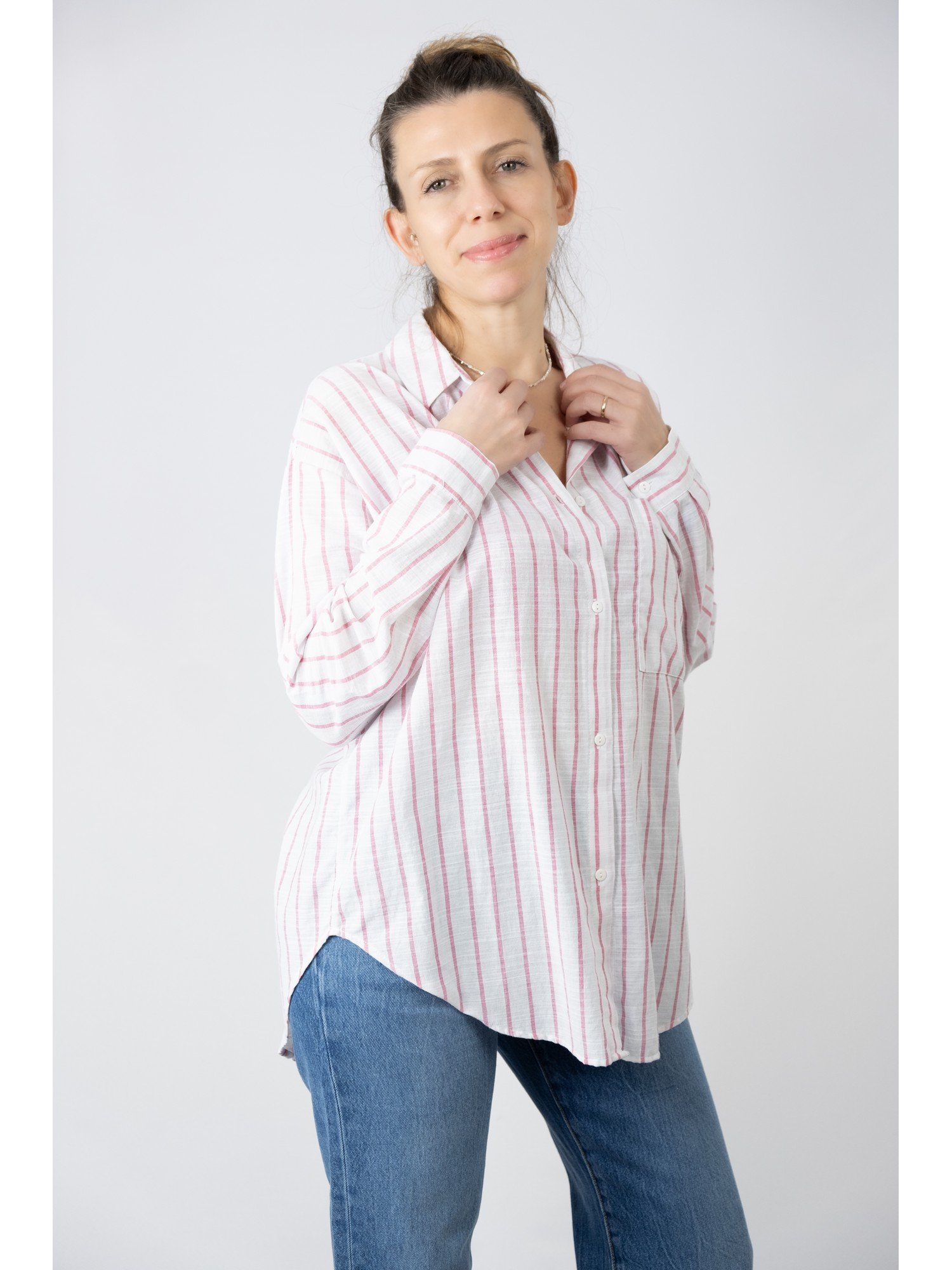 Pembe Çizgili Oversize Gömlek