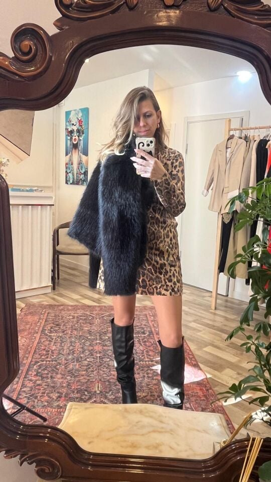 Pullu Kısa Leopar Kadın Elbise