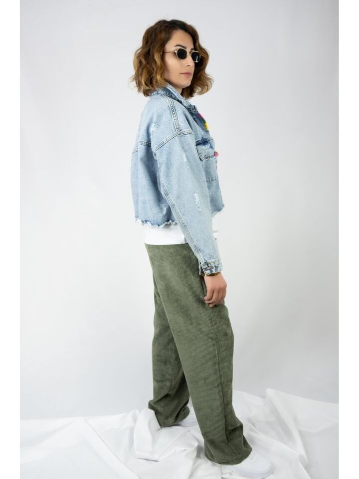 Renkli Nakış Detay Oversize Kadın Kot Ceket