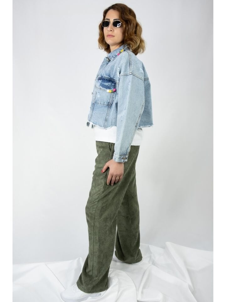 Renkli Nakış Detay Oversize Kadın Kot Ceket
