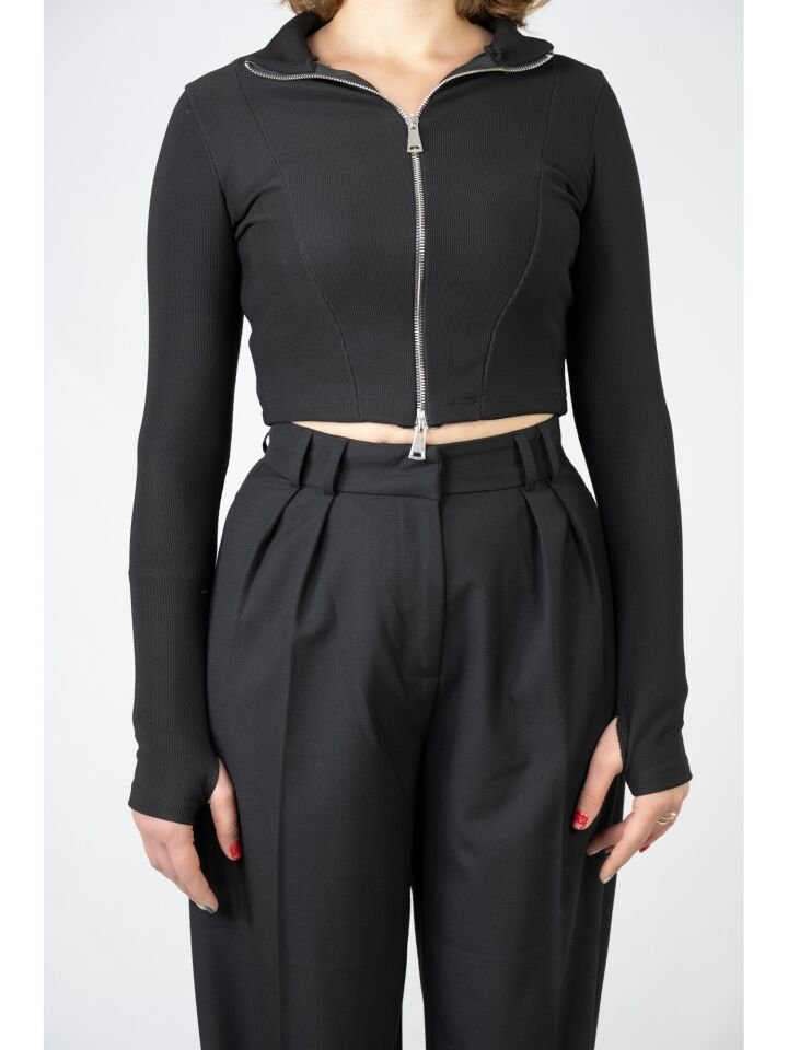 Parmak Detay Fermuarlı Crop-Bluz Siyah