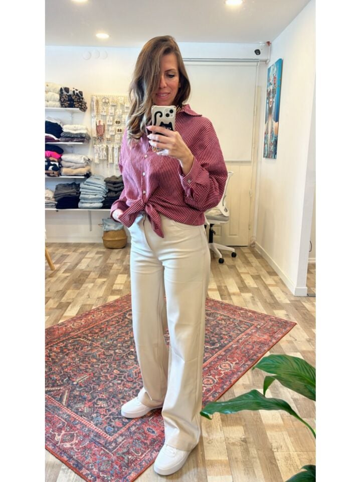 Oversize Çizgili Bordo Gömlek