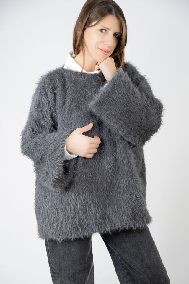 Tüylü Yumoş Oversize Gri Kadın Kazak