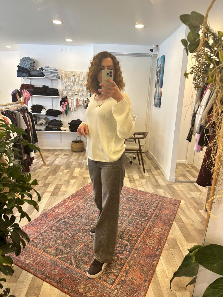 Oversize Triko Bluz Ekru